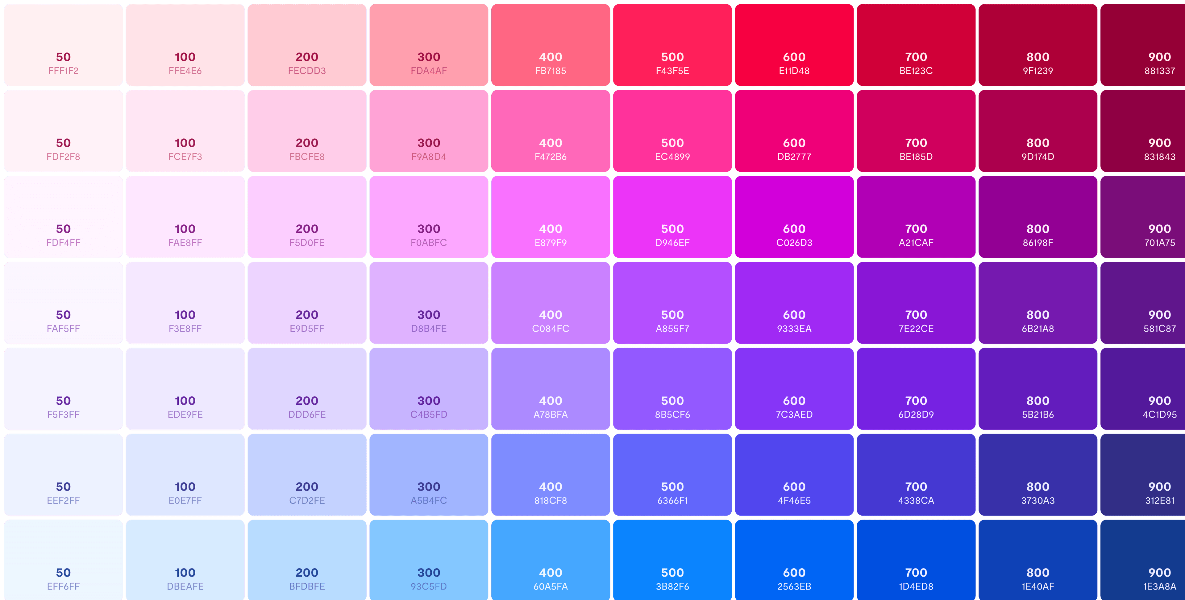 A color palette chart with 20 rows and 10 columns of squares. Each square is filled with a different shade of color, ranging from pink to purple, blue, and green. The squares are labeled with hexadecimal color codes.