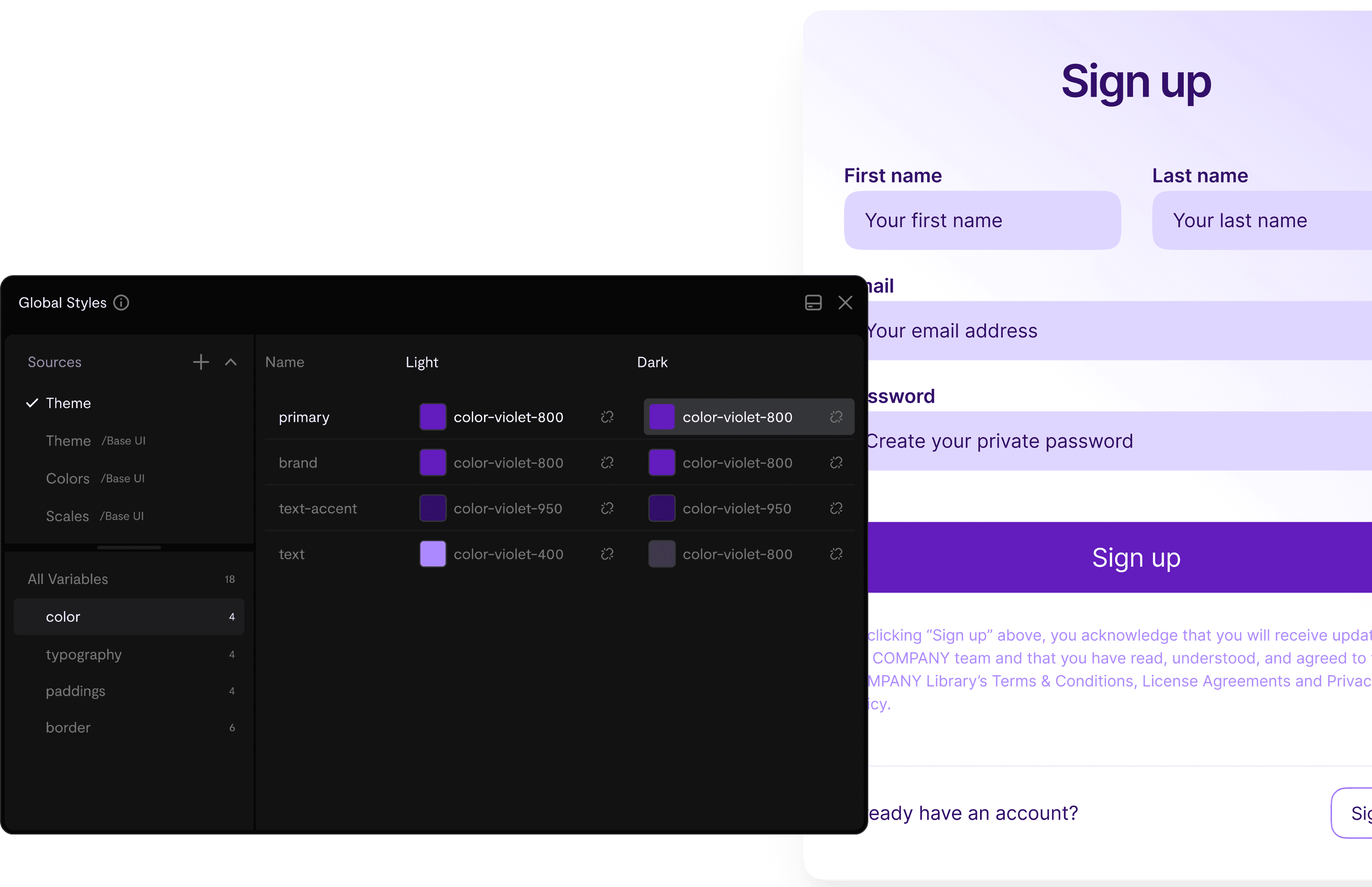 Design interface showing global styles with color variables for light and dark themes on the left, and a 'Sign Up' form on the right. The color variables include shades of violet for primary, brand, text-accent, and text, with distinct hex codes for each in light and dark modes. The sign-up form features input fields for first name, last name, email, and password, with a large violet 'Sign up' button.