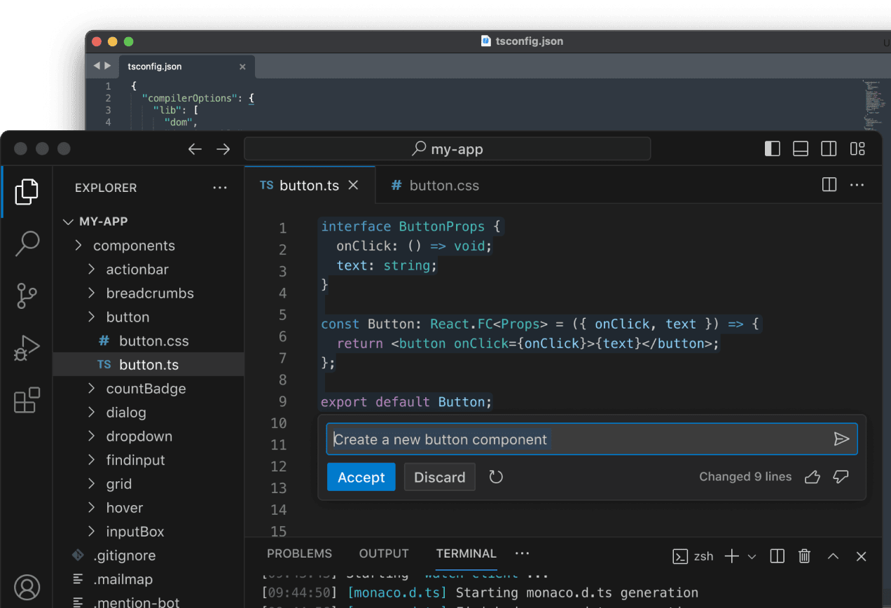 A screenshot of a Visual Studio Code development environment. The left pane shows the file explorer with folders and files like "tsconfig.json," "MY-APP," and "components." The center pane displays the code editor with a TypeScript file named "button.ts" open. The code defines an interface for button properties and a function that creates a button element. The right pane shows the output console with a message about starting monaco.d.ts generation.