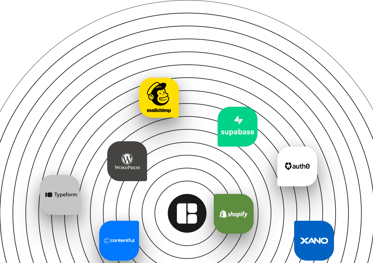 A diagram showing a circular arrangement of nine software logos. The logos represent popular platforms and tools for building websites and applications, including Mailchimp, Supabase, Auth0, WordPress, Typeform, Shopify, Contentful, and Xano.