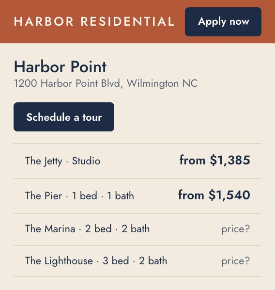 Harbor Residential's draft page for Harbor Point, with its address, a Schedule a tour button and four floor plans, two of them priced.