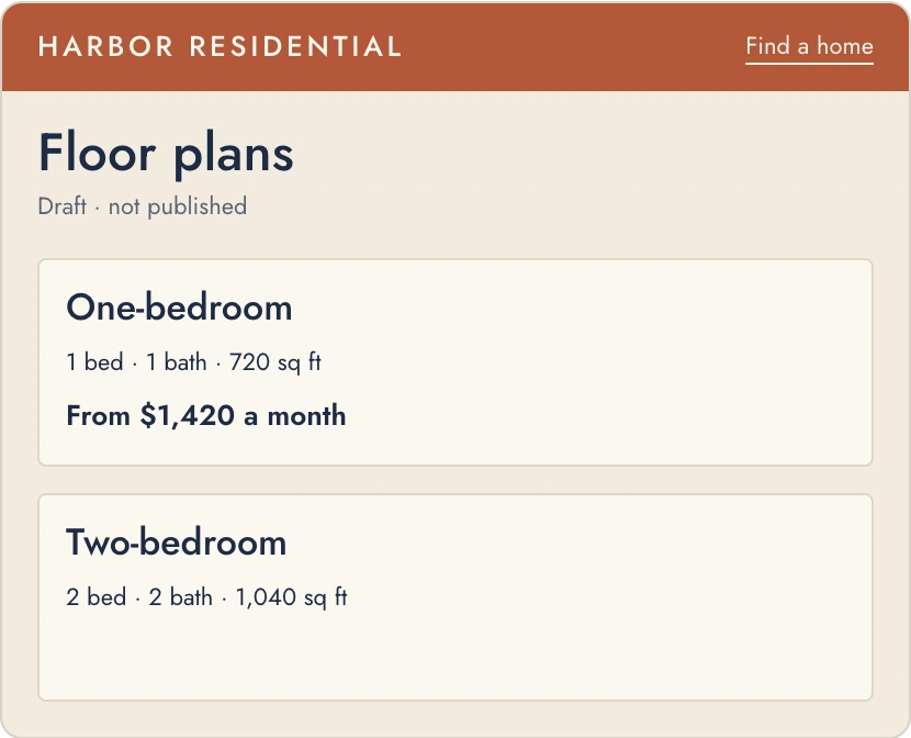 Harbor Residential's Floor plans draft, where the Two-bedroom's Call for pricing turns into From $1,850 a month.