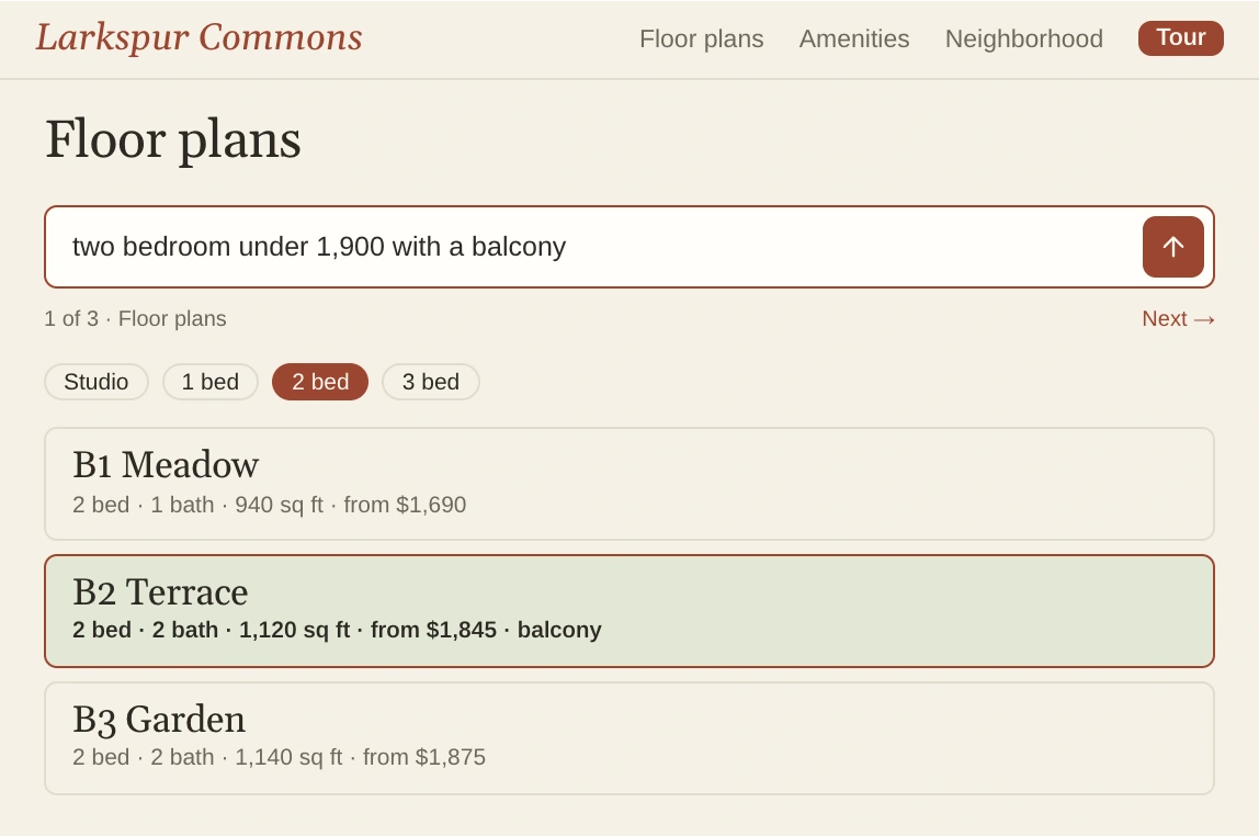 Larkspur Commons's Floor plans filtered to two bedrooms with B2 Terrace, from $1,845 with a balcony, highlighted.