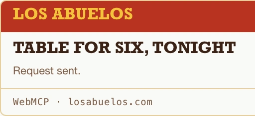 Los Abuelos' own card in the chat: Table for six, tonight. Request sent. WebMCP, losabuelos.com.
