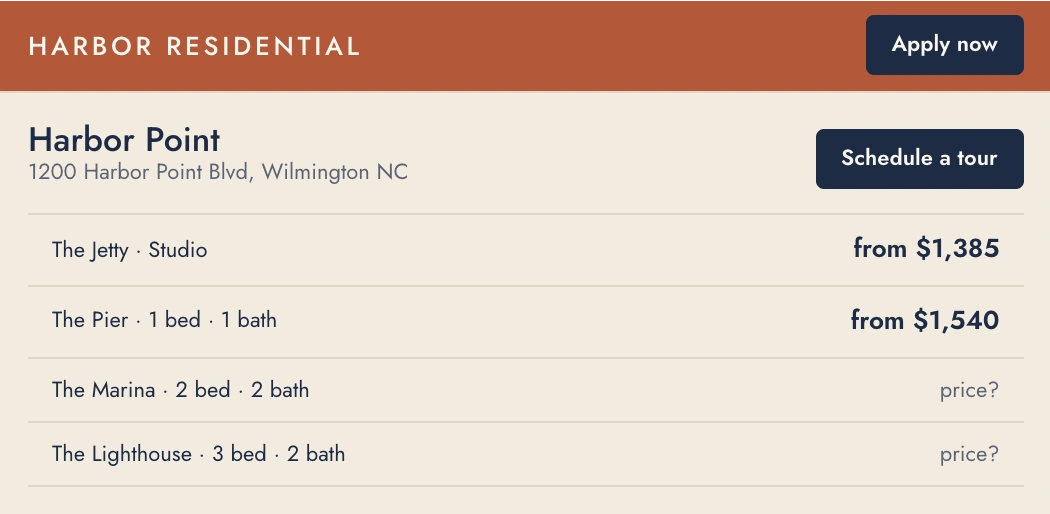 Harbor Residential's draft page for Harbor Point, with its address, a Schedule a tour button and four floor plans, two of them priced.