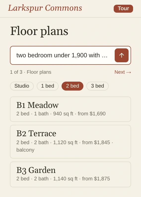 Larkspur Commons's Floor plans filtered to two bedrooms under the question, showing B1 Meadow, B2 Terrace and B3 Garden.
