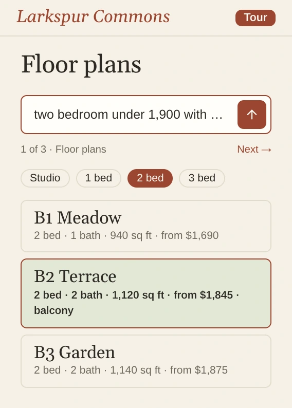 Larkspur Commons's Floor plans filtered to two bedrooms with B2 Terrace, from $1,845 with a balcony, highlighted.
