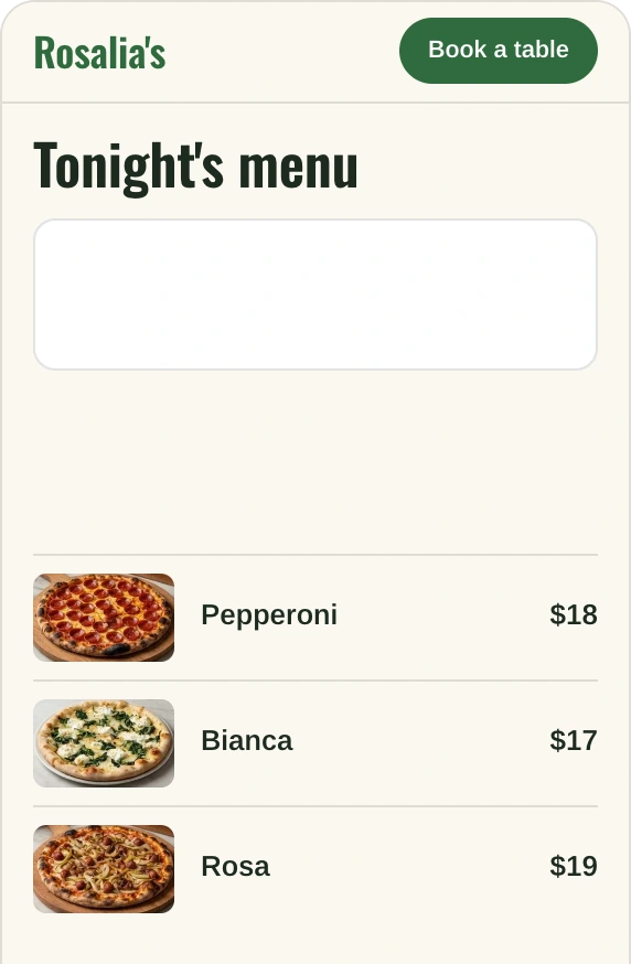 Rosalia's menu page on a phone, tonight's special reading burrata with peaches and basil above the pizzas, with the owner's pinned ask.