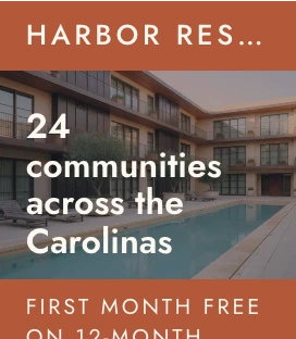 Harbor Residential's home page header in a Figma frame: the name bar, the courtyard under 24 communities across the Carolinas and the special.