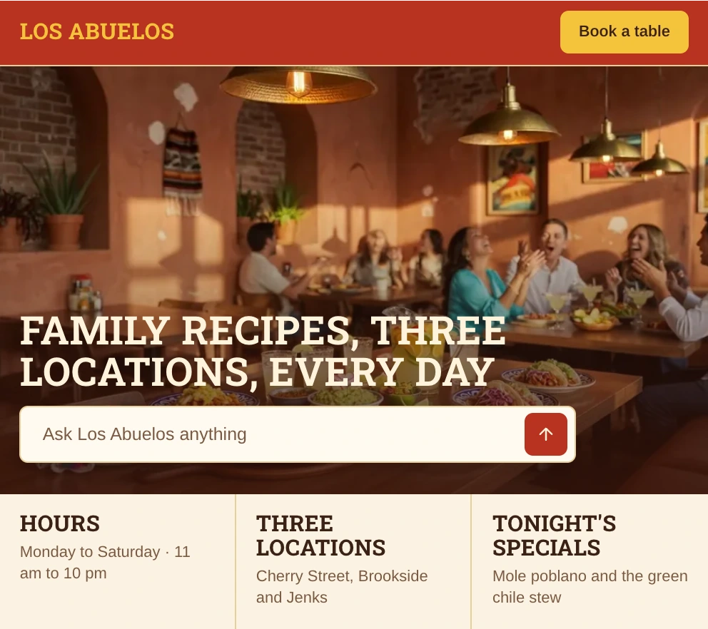 Los Abuelos's home page, with the headline Family recipes, three locations, every day over a dining photo, an ask bar and the restaurant's hours.