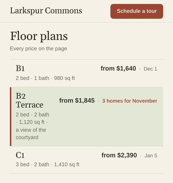 Larkspur Commons's Floor plans page with B2 Terrace lit.