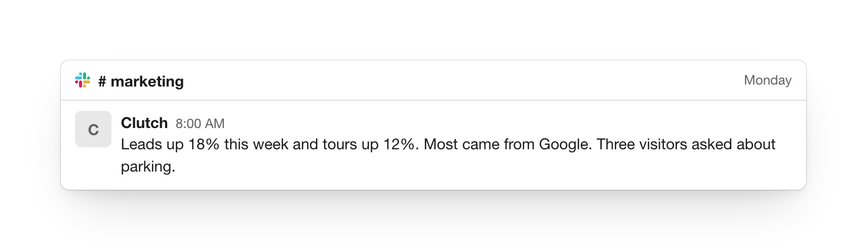 Clutch's Monday report in Slack's #marketing: leads up 18% and tours up 12%, most from Google, three visitors asked about parking.