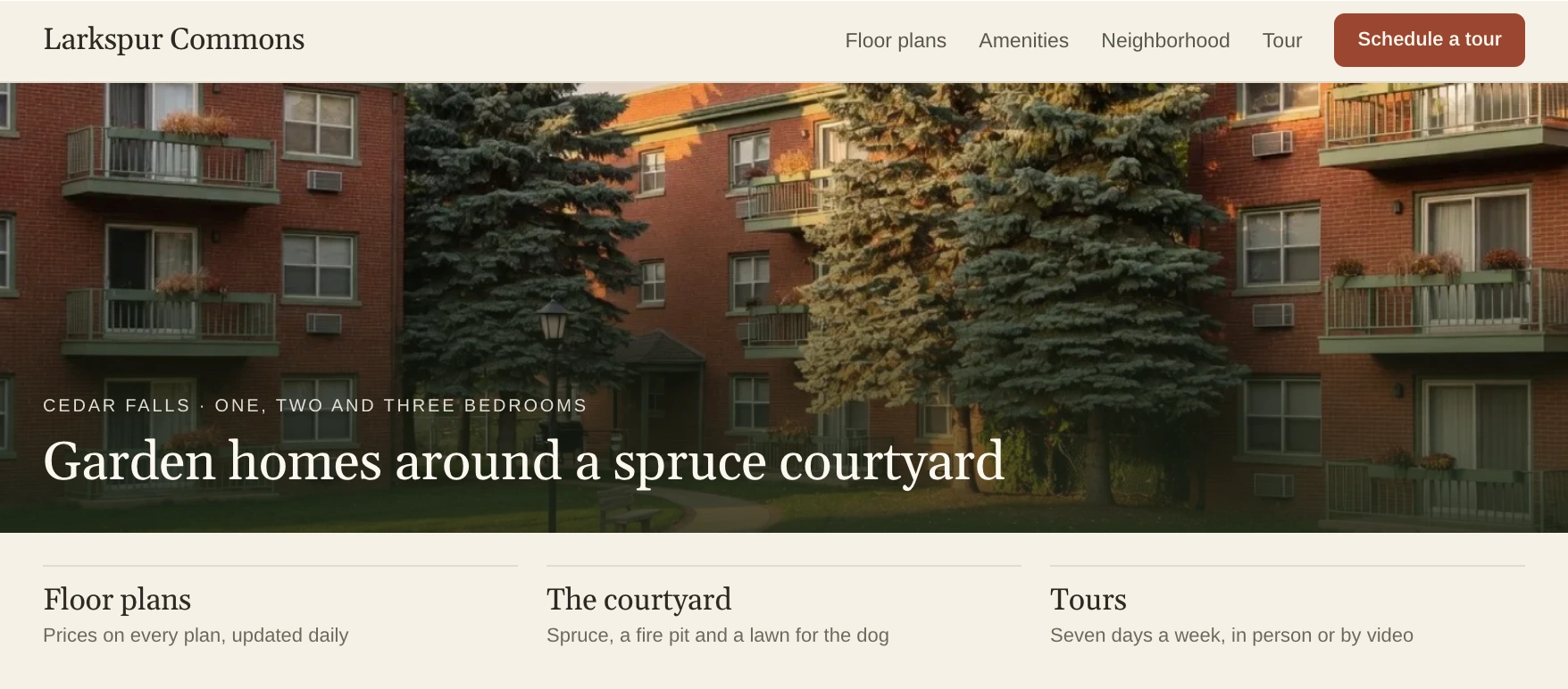 Larkspur Commons's home page, with the headline Garden homes around a spruce courtyard over a courtyard photo.