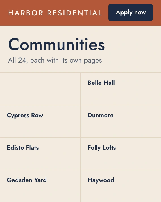 Harbor Residential's Communities page, a grid of its communities, each with its city.