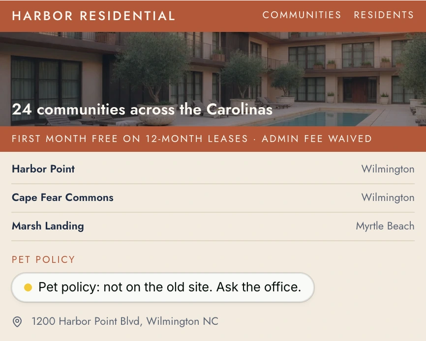 Harbor Residential's draft home page with the one open question under Pet policy: not on the old site, ask the office.