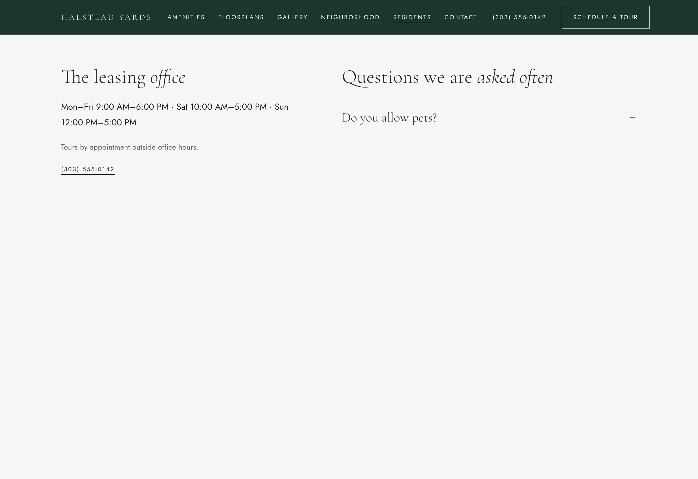 Halstead Yards' Residents page open on Do you allow pets?, its answer lit