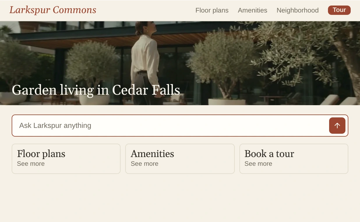 Larkspur Commons's home page: the courtyard under Garden living in Cedar Falls, the Find reading Ask Larkspur anything, and cards for Floor plans, Amenities and Book a tour.