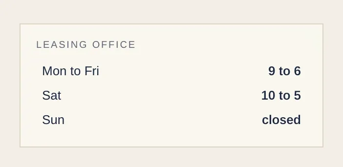 The Marlowe's leasing office hours.
