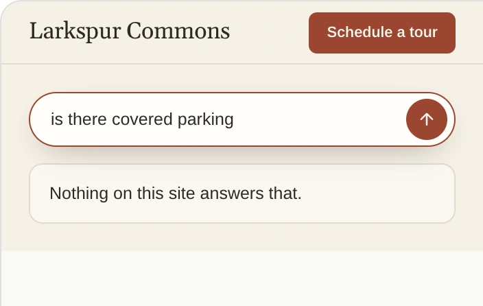 Larkspur Commons's page, asked if there is covered parking, answering that nothing on the site answers that.