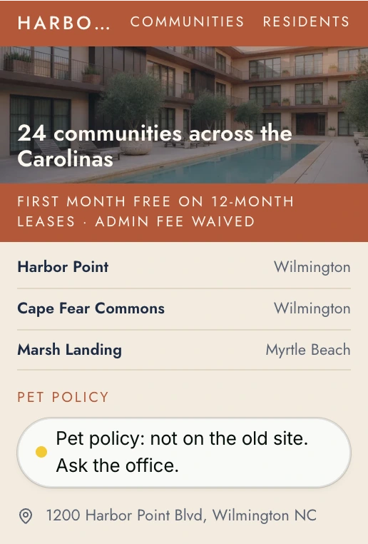 Harbor Residential's draft home page with the one open question under Pet policy: not on the old site, ask the office.