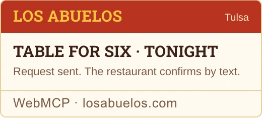 Los Abuelos confirmation card: table for six tonight, request sent, the restaurant confirms by text.