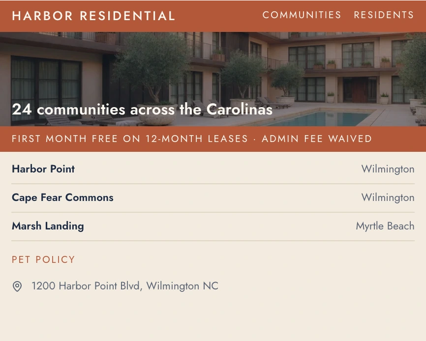 Harbor Residential's home page as Clutch's draft paints it: the courtyard under 24 communities across the Carolinas, the special, three communities, Pet policy and the office address.