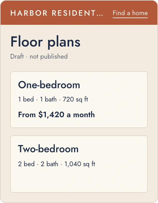 Harbor Residential's Floor plans draft, where the Two-bedroom's Call for pricing turns into From $1,850 a month.