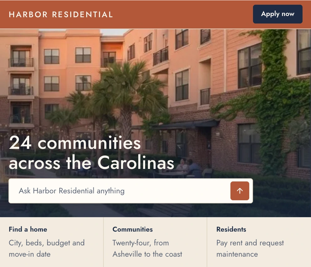 Harbor Residential's home page, with the headline 24 communities across the Carolinas over a courtyard photo and an ask bar.