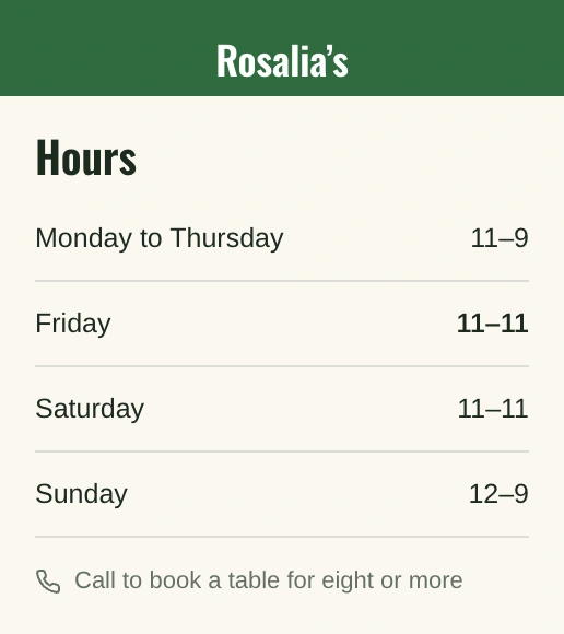 Rosalia's hours in the draft with Friday reading 11–11.