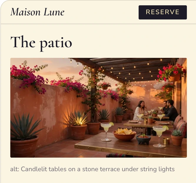 Maison Lune's Patio page with the candlelit terrace photo and its alt text: Candlelit tables on a stone terrace under string lights.