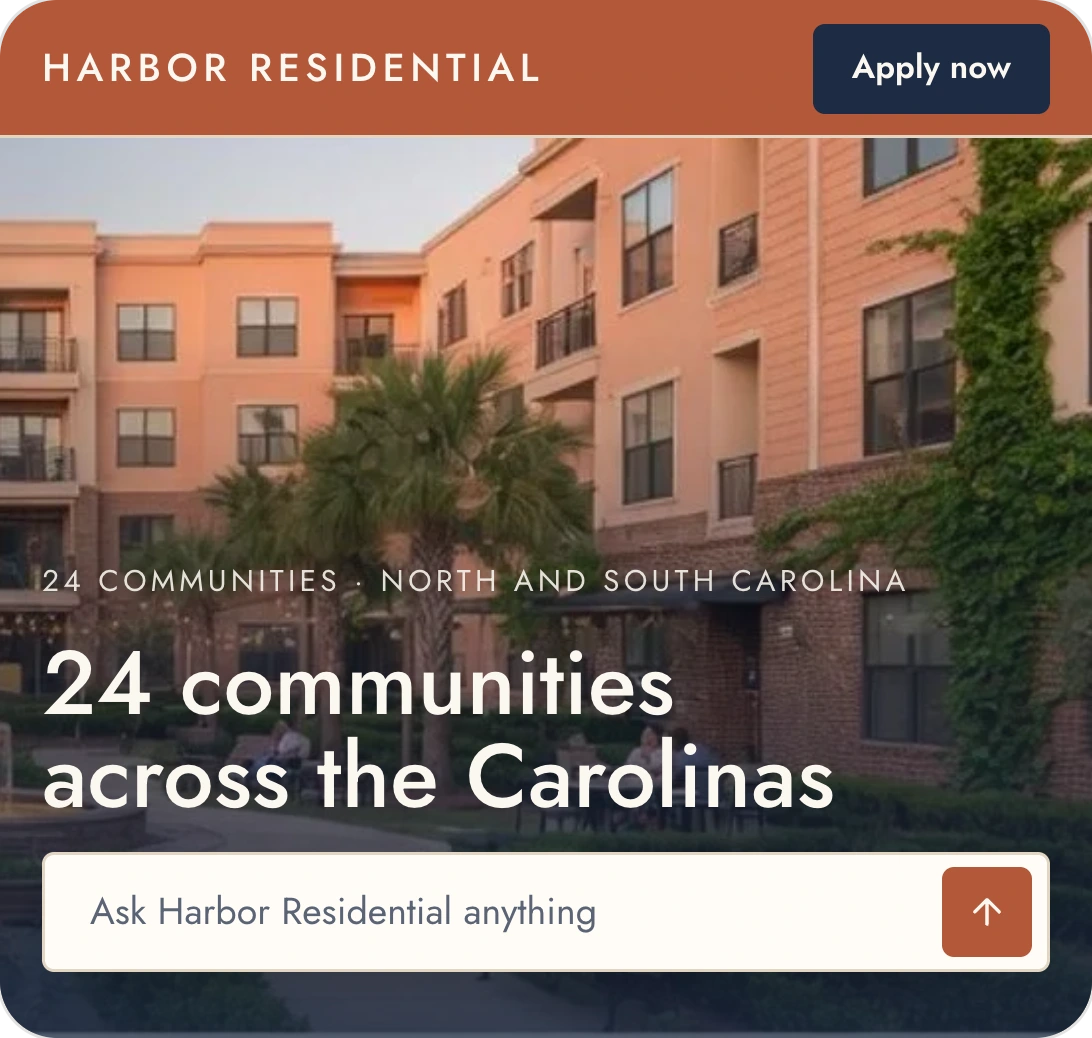 Harbor Residential's home page: a low-rise apartment community, the headline 24 communities across the Carolinas, and an ask bar.