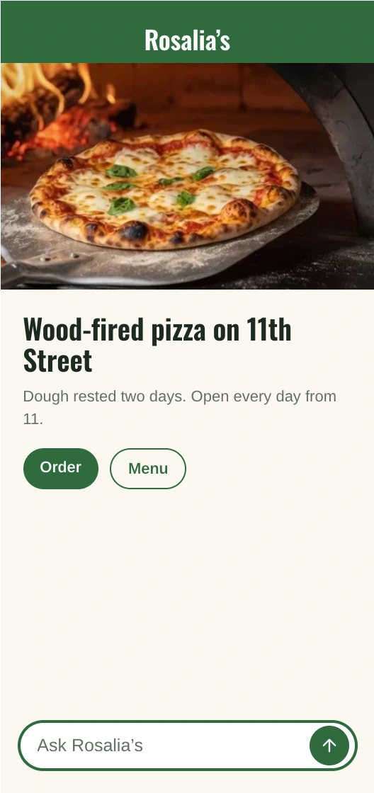 Rosalia's home page on a phone: a wood-fired pizza, Wood-fired pizza on 11th Street, Order and Menu, and the Find reading Ask Rosalia's at the foot.