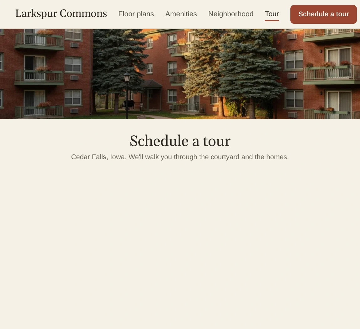 Larkspur Commons's tour page, where a keyboard user tabs through the Schedule a tour form and books a tour.