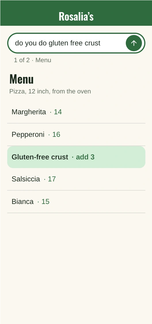 Rosalia's menu on a phone under the question, with Gluten-free crust, add 3, highlighted.