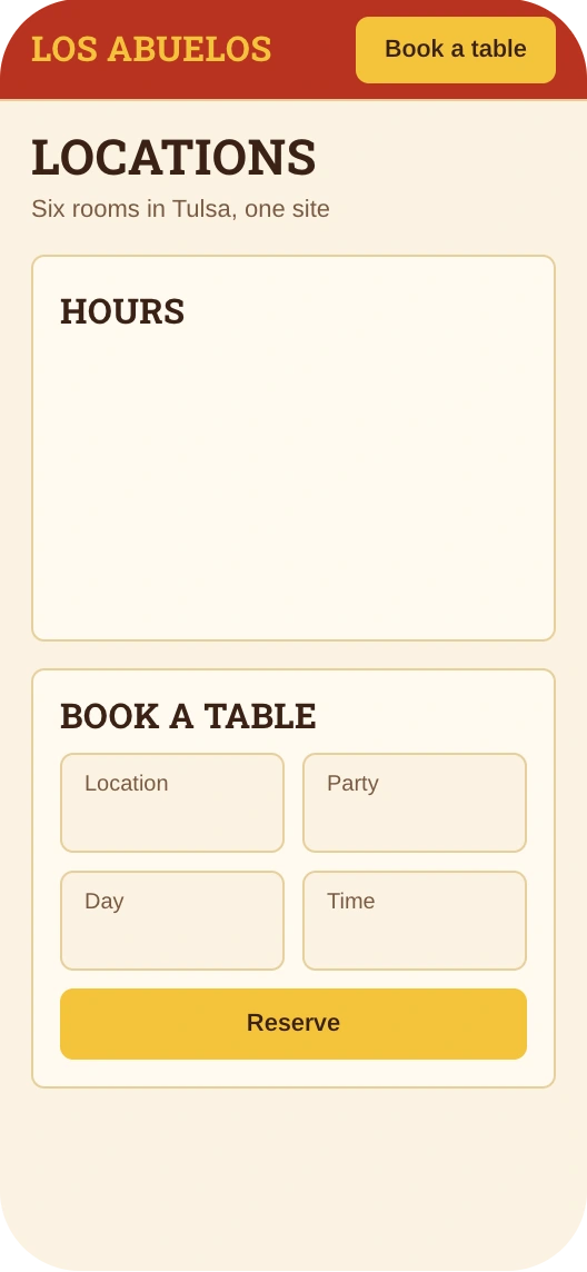 Los Abuelos's Locations page on the owner's phone, Christmas Eve hours changing to until 9 pm at all six rooms after her pinned ask, then published.