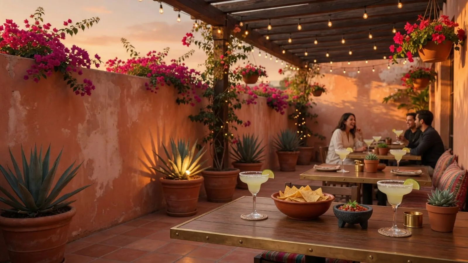 The terrace at night, lit by candles and string lights