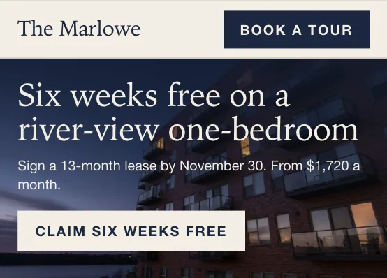 The Marlowe's landing page for its river-view ad: six weeks free on a river-view one-bedroom, and a button to claim it.