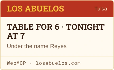 Los Abuelos confirmation card: table for 6 tonight at 7, under the name Reyes.