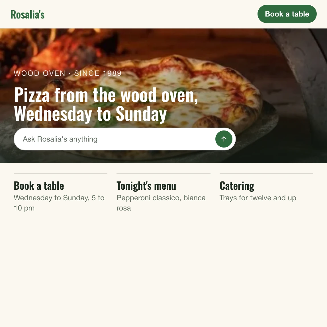 Rosalia's home page: pizza from the wood oven, Wednesday to Sunday