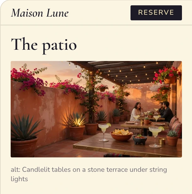 Maison Lune's Patio page with the candlelit terrace photo and its alt text: Candlelit tables on a stone terrace under string lights.
