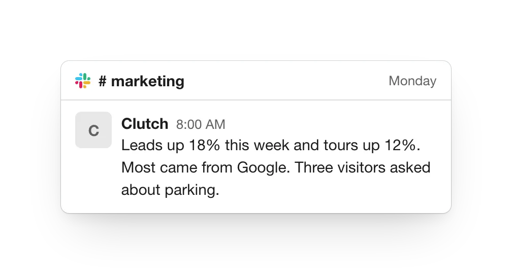Clutch's Monday report in Slack's #marketing: leads up 18% and tours up 12%, most from Google, three visitors asked about parking.