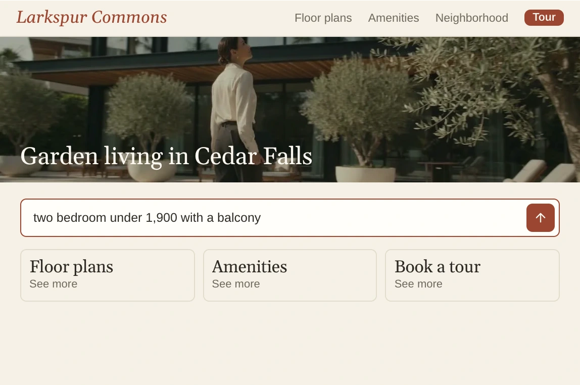Larkspur Commons's home page with two bedroom under 1,900 with a balcony typed into the Find.