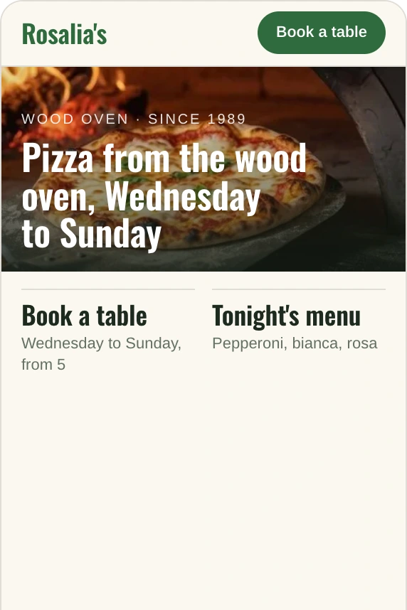 Rosalia's home page on a phone: Pizza from the wood oven, Wednesday to Sunday, over the wood oven photo, with Book a table and Tonight's menu below.