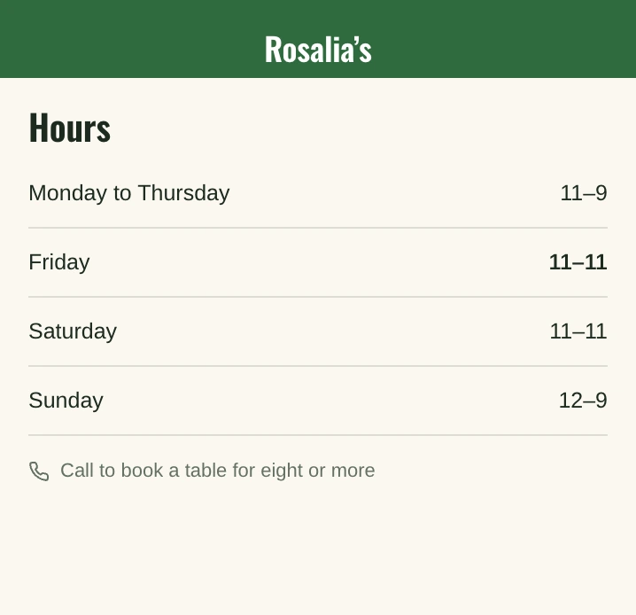 Rosalia's live hours page with Friday reading 11–11.
