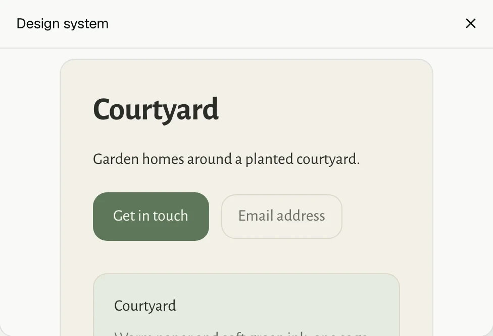 A component previewed in Clutch: the Courtyard site's own card, button and field