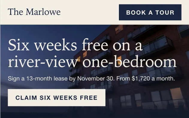 The Marlowe's landing page for its river-view ad: six weeks free on a river-view one-bedroom, and a button to claim it.