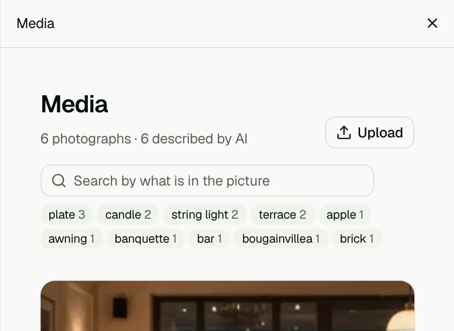Media in Clutch: six photographs, all described by AI, searchable by what is in the picture