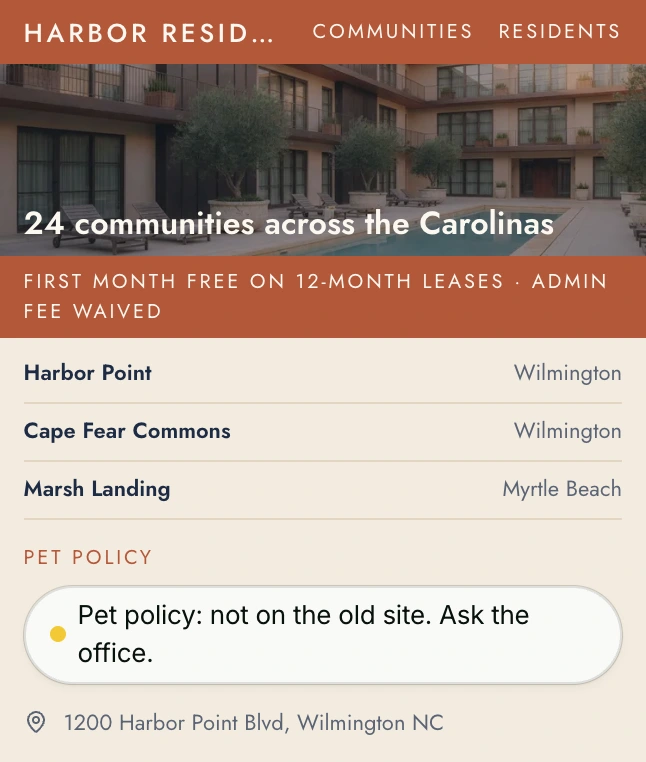 Harbor Residential's draft home page with the one open question under Pet policy: not on the old site, ask the office.