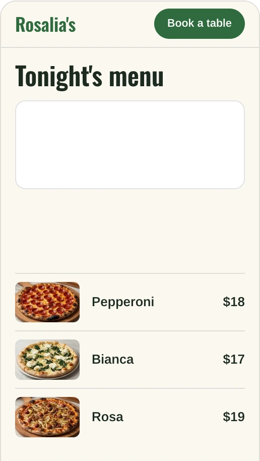 Rosalia's menu page on a phone, tonight's special reading burrata with peaches and basil above the pizzas, with the owner's pinned ask.