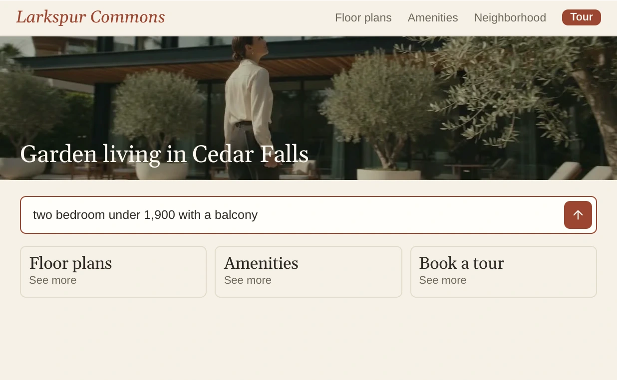 Larkspur Commons's home page with two bedroom under 1,900 with a balcony typed into the Find.